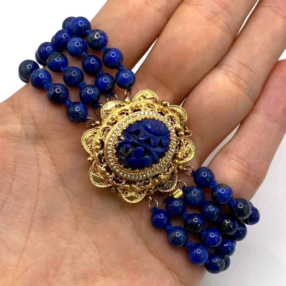 ANTIQUE 14 K YELLOW GOLD PEARLS AND CARVED LAPIS ORNATE FILIGREE BEADED BRACELET